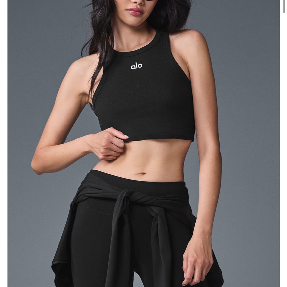 ALO Black Ribbed High Neck Crop Top never worn